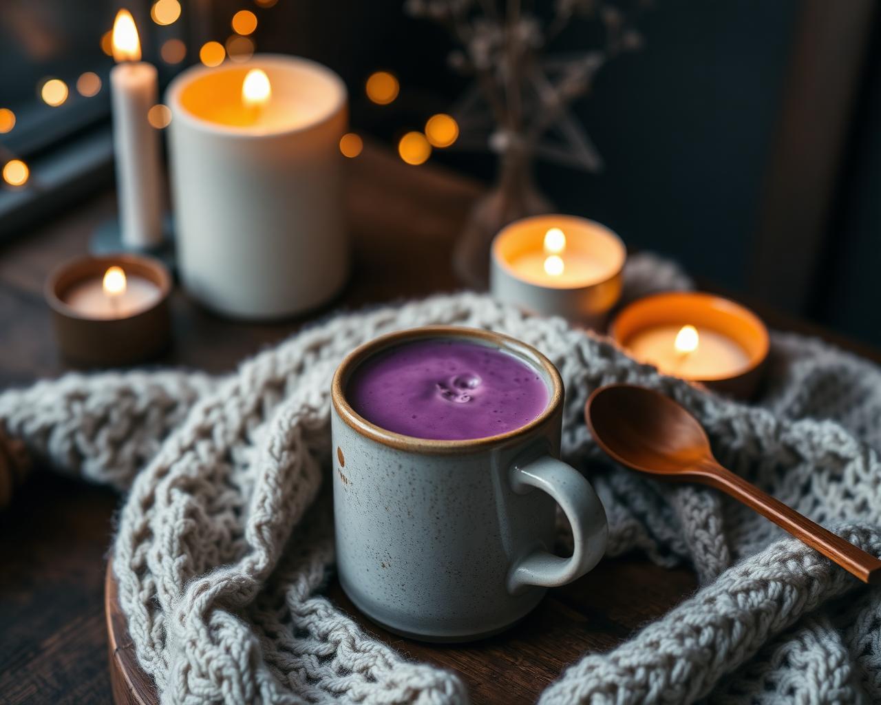 Purple ube latte in a ceramic mug beside candles and a knitted blanket