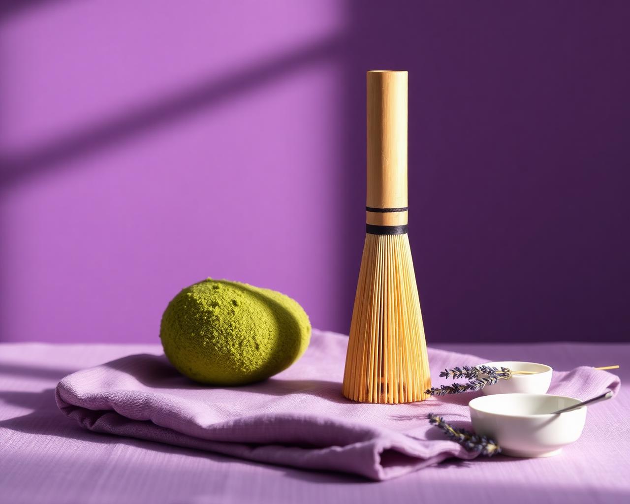 Bamboo matcha whisk on lilac linen against a deep purple wall