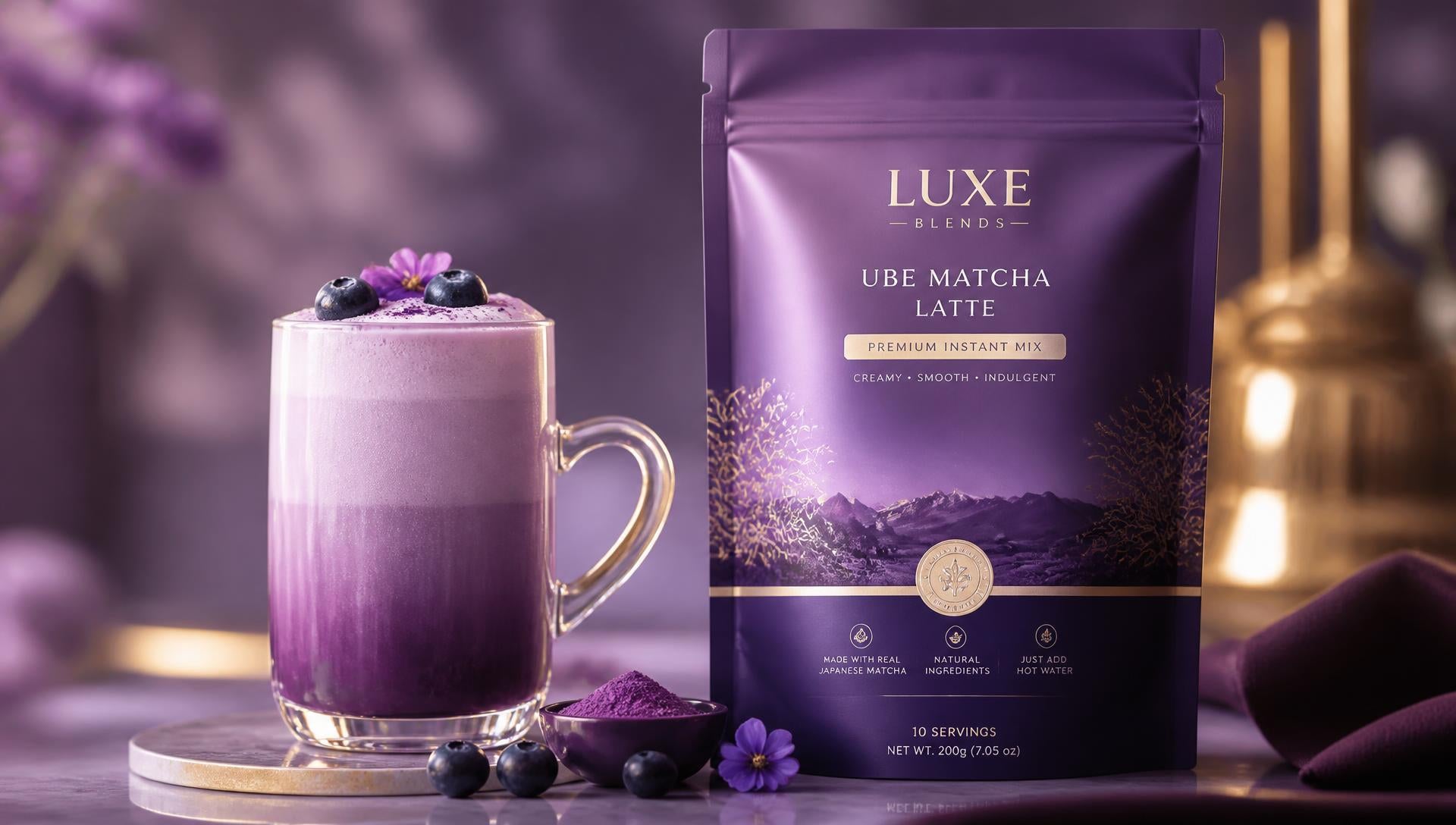 Purple ube matcha latte beside a premium instant drink mix pouch