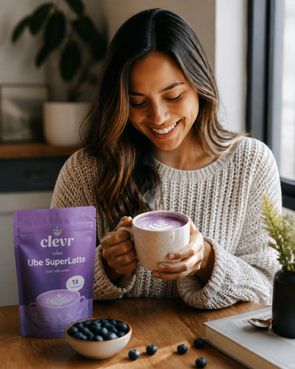Woman enjoying a warm ube latte at home