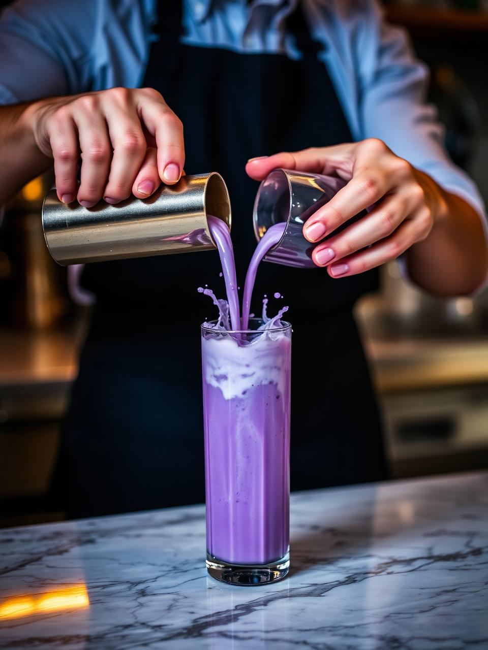 Barista pouring ube milk